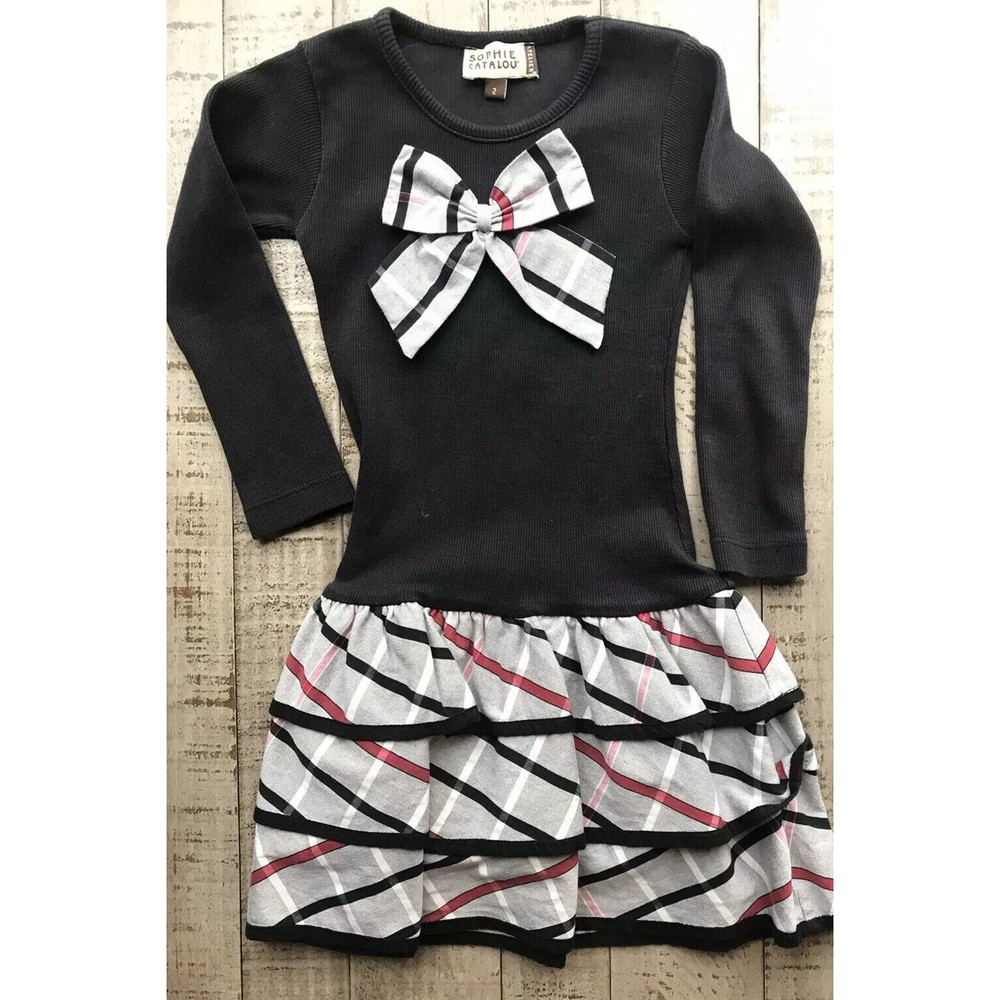 Sophie Catalou Girls Black Holiday Dress Sz 2  Long Sleeve Bow Tiered